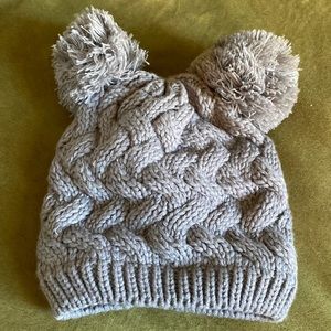 Angela & William grey braided double Pom Pom fuzzy lined beanie